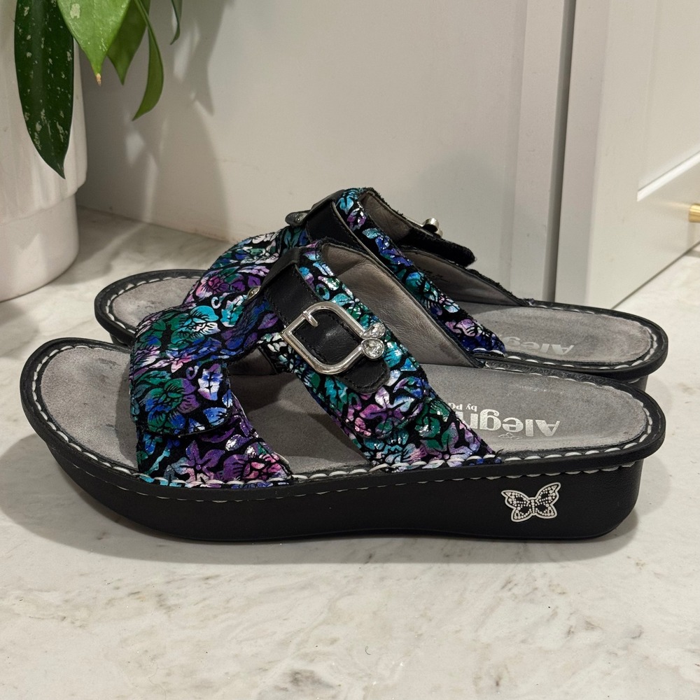 Alegria Peggy Sandals Size 38 Black Purple Floral Leather Slides Comfort Buckle - Picture 6 of 9